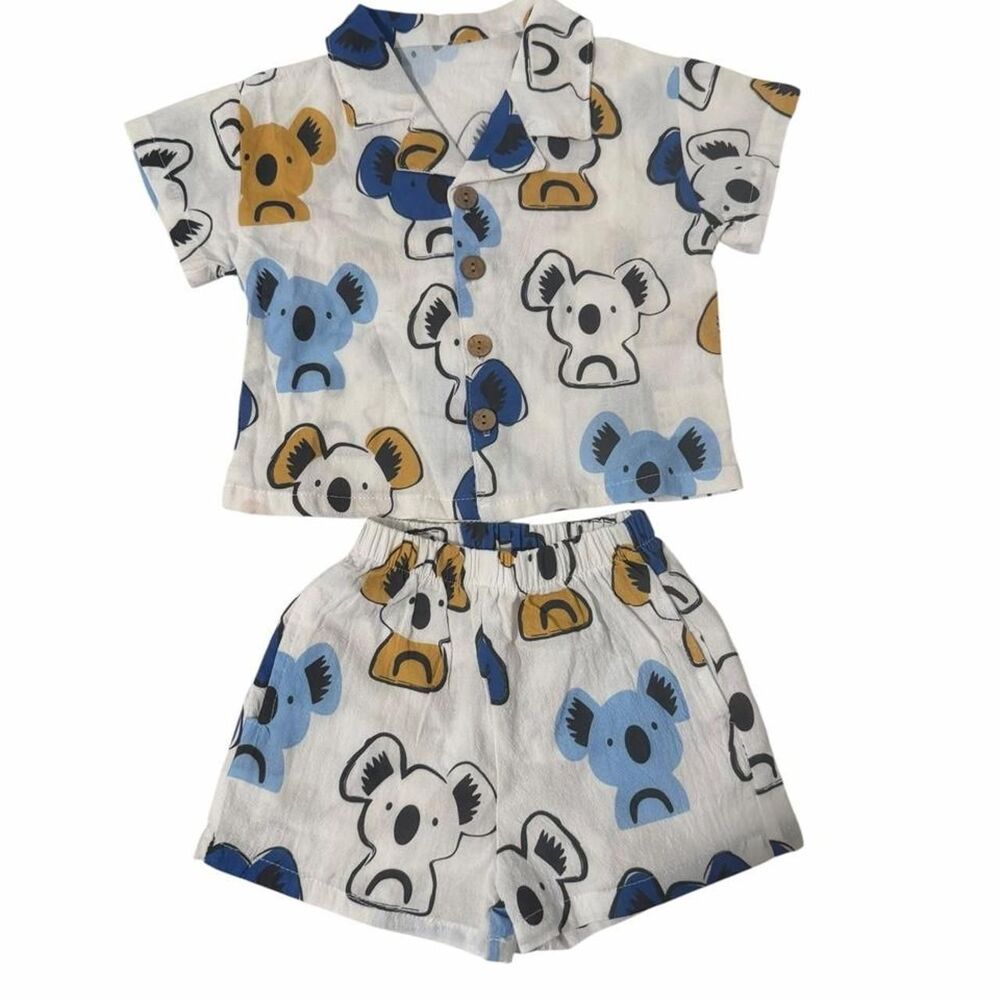Miniolie short set with blue and brown koalas on white background